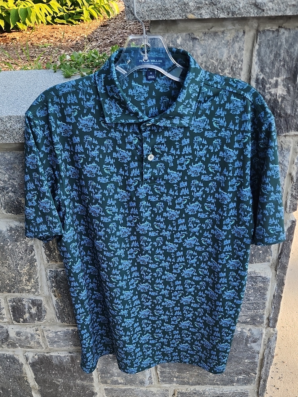 Peter Millar Crown Crafted Alpine Voyage Teal Dark Blue Patterned Polo sz M